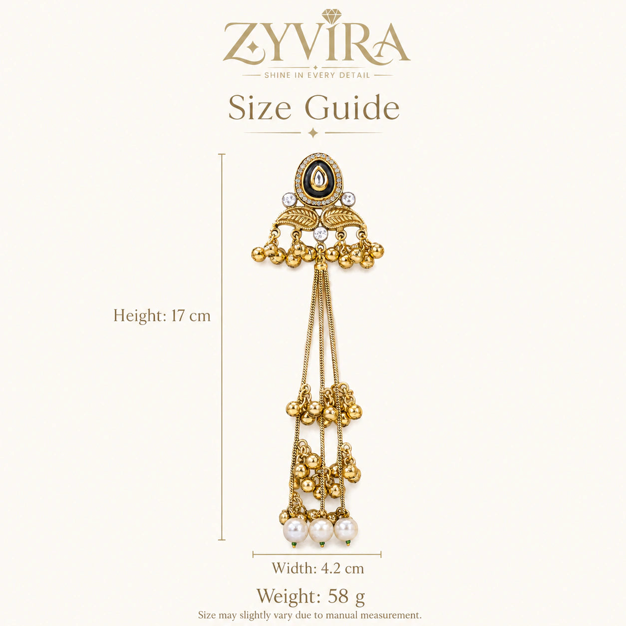 Size guide showing the statement proportions of Kundan-style pearl tassel earrings
