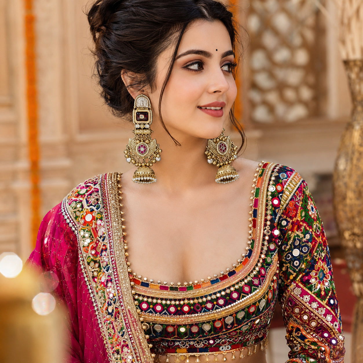 Long gold-tone maroon chandbali statement earrings worn by a model