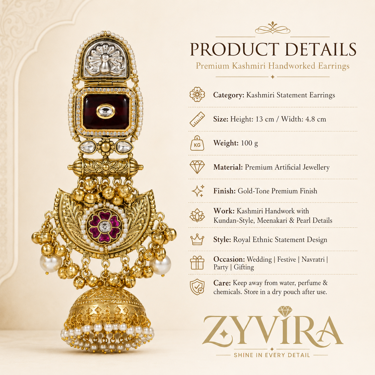 Product details card for gold-tone maroon chandbali earrings with pearl-style accents