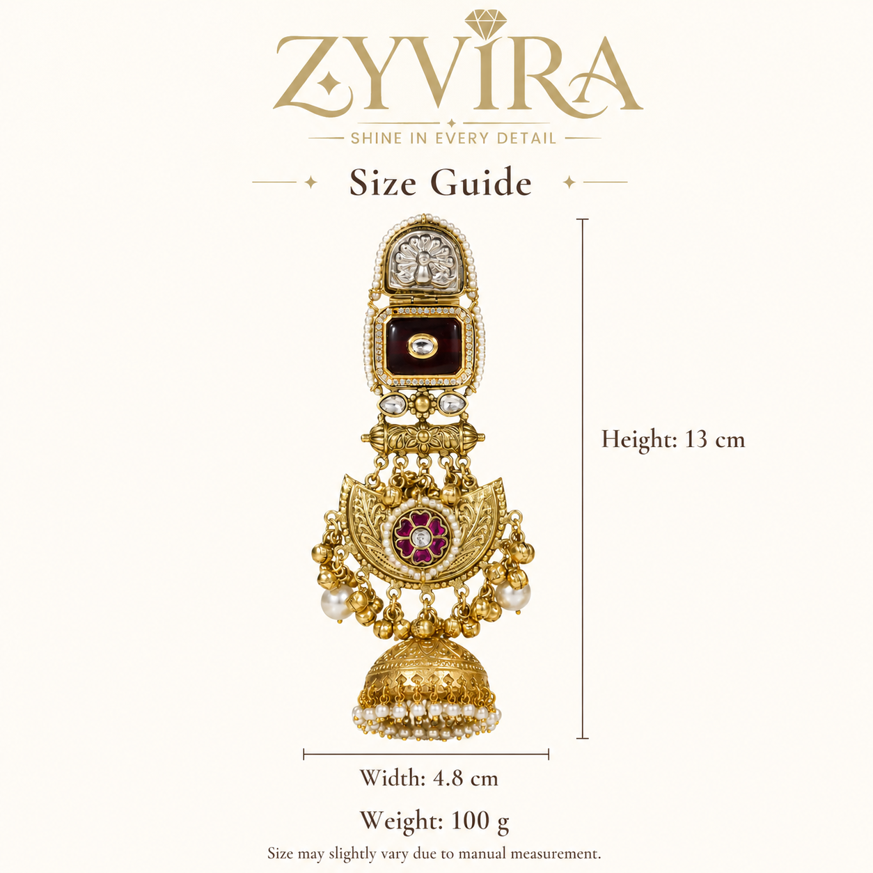 Size guide for 13 cm long maroon-stone chandbali statement earrings