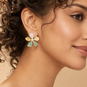 Angled view of multicolour floral pearl-style drop earrings