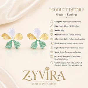 Product details card for multicolour floral pearl drop earrings