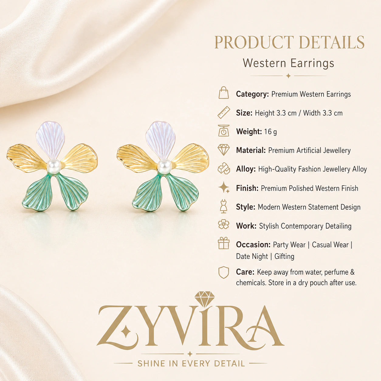 Product details card for multicolour floral pearl drop earrings