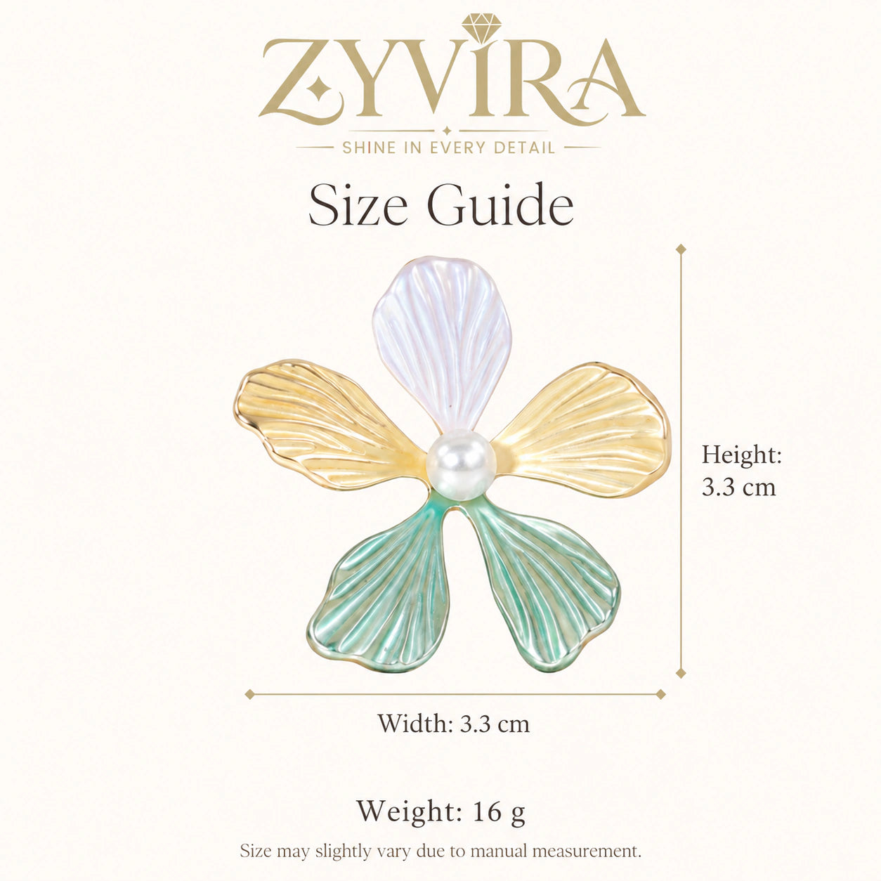 Size guide showing the proportions of multicolour floral earrings