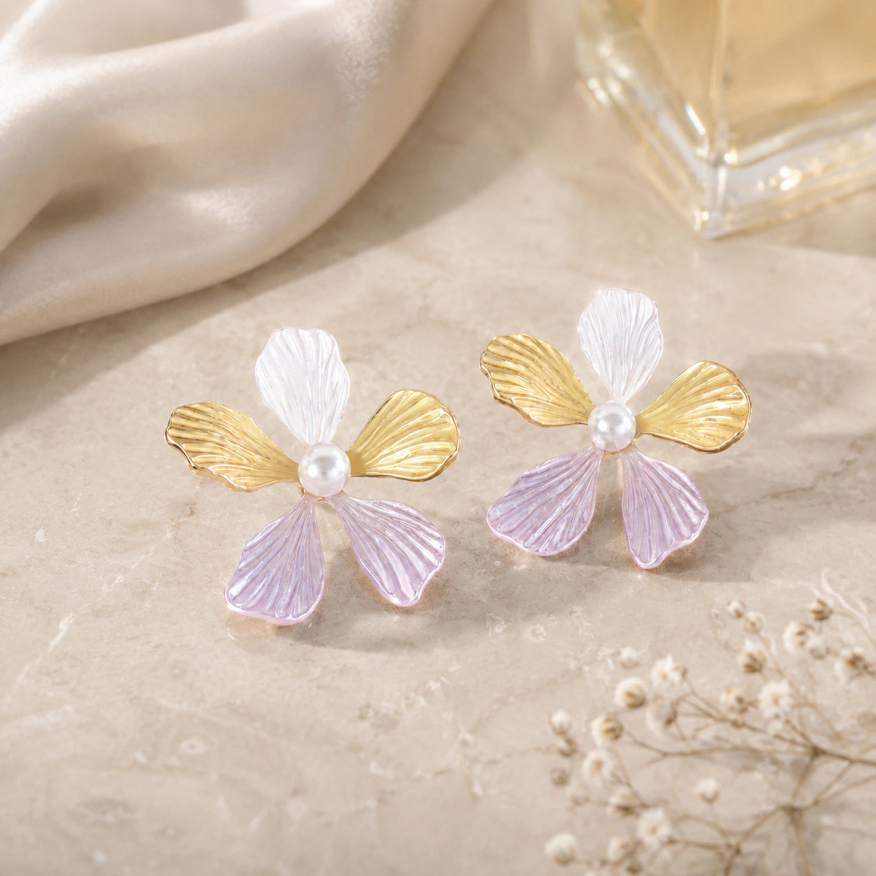 Alternate detail view of lavender floral pearl earrings