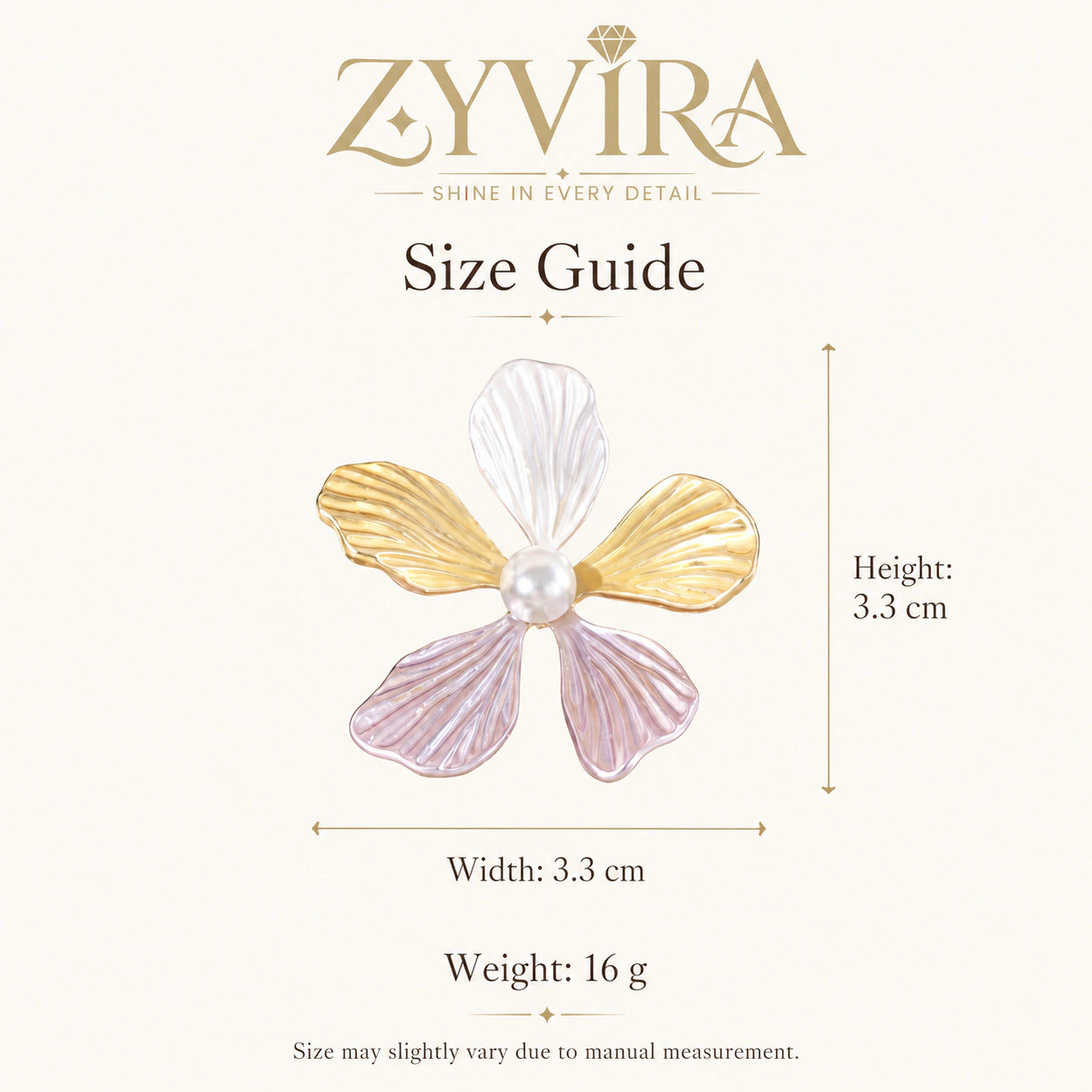 Size guide showing the proportions of lavender floral earrings