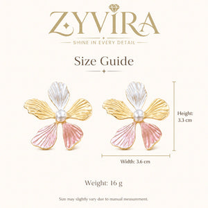 Size guide showing the proportions of pink floral pearl earrings