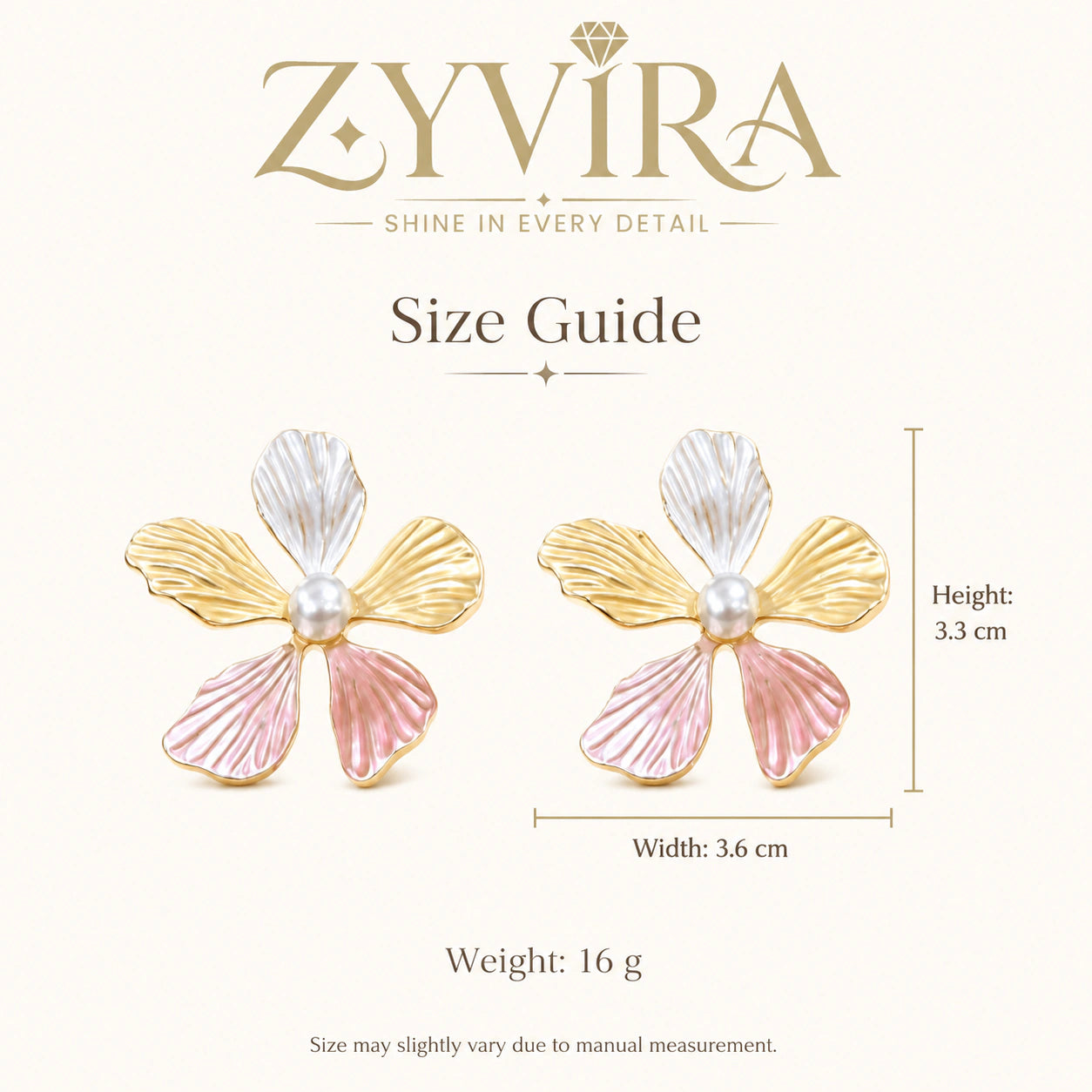 Size guide showing the proportions of pink floral pearl earrings