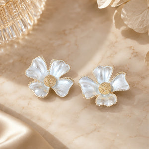 Alternate product view of pearl gold sculpted floral earrings
