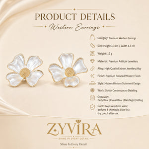 Product details card for pearl gold sculpted floral earrings