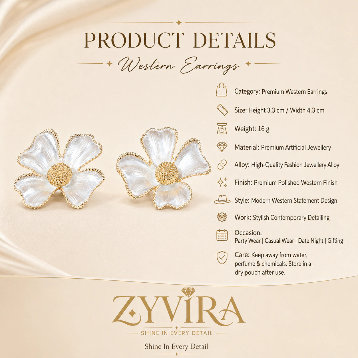 Product details card for pearl gold sculpted floral earrings