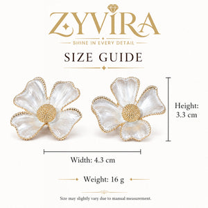 Size guide showing the proportions of pearl gold floral earrings