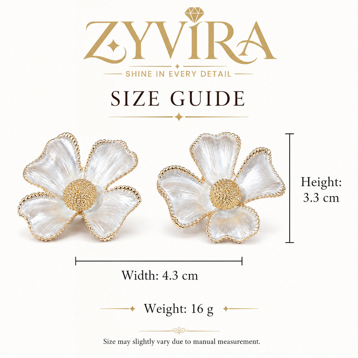 Size guide showing the proportions of pearl gold floral earrings