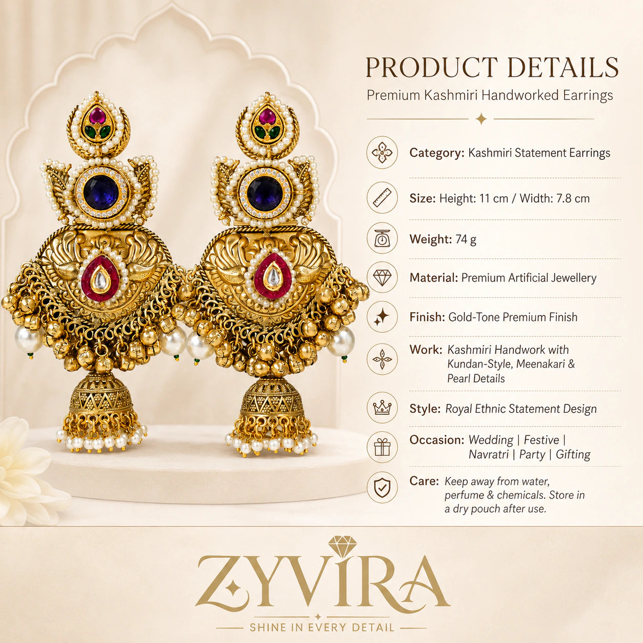 Close-up ear view showing the layered jhumka and pearl-style hanging details