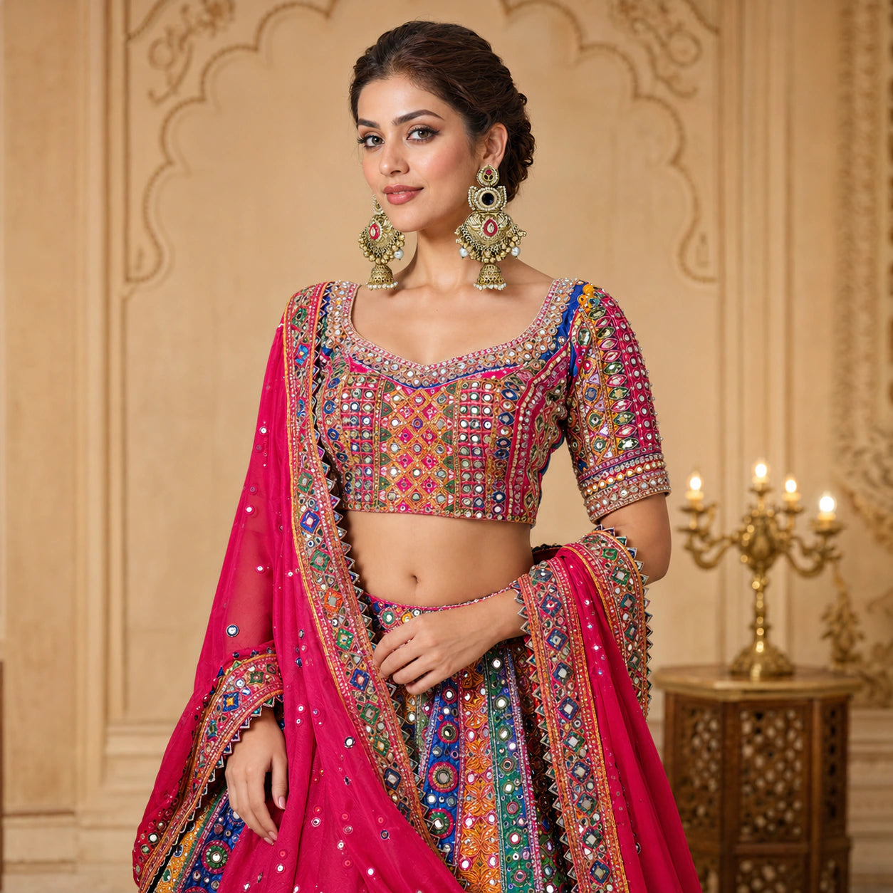 Kundan-style pearl jhumka earrings styled in an elegant jewellery flat lay