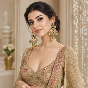 Close-up of Kundan-style stones, meenakari-inspired accents and pearl-style beadwork