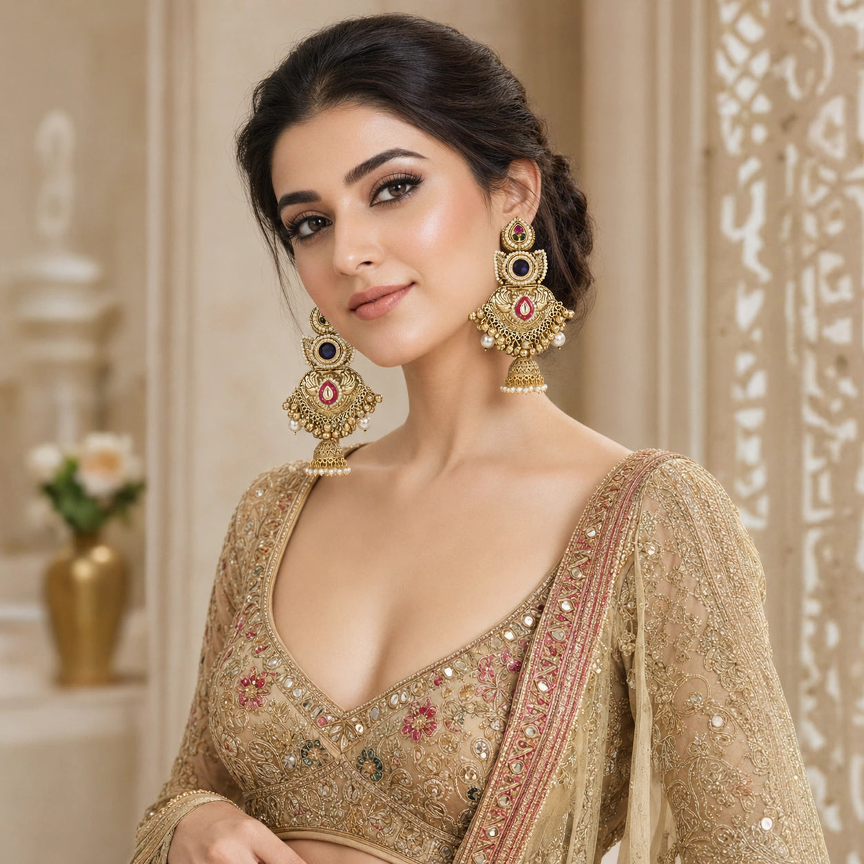 Close-up of Kundan-style stones, meenakari-inspired accents and pearl-style beadwork