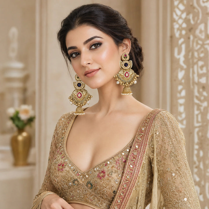 Close-up of Kundan-style stones, meenakari-inspired accents and pearl-style beadwork