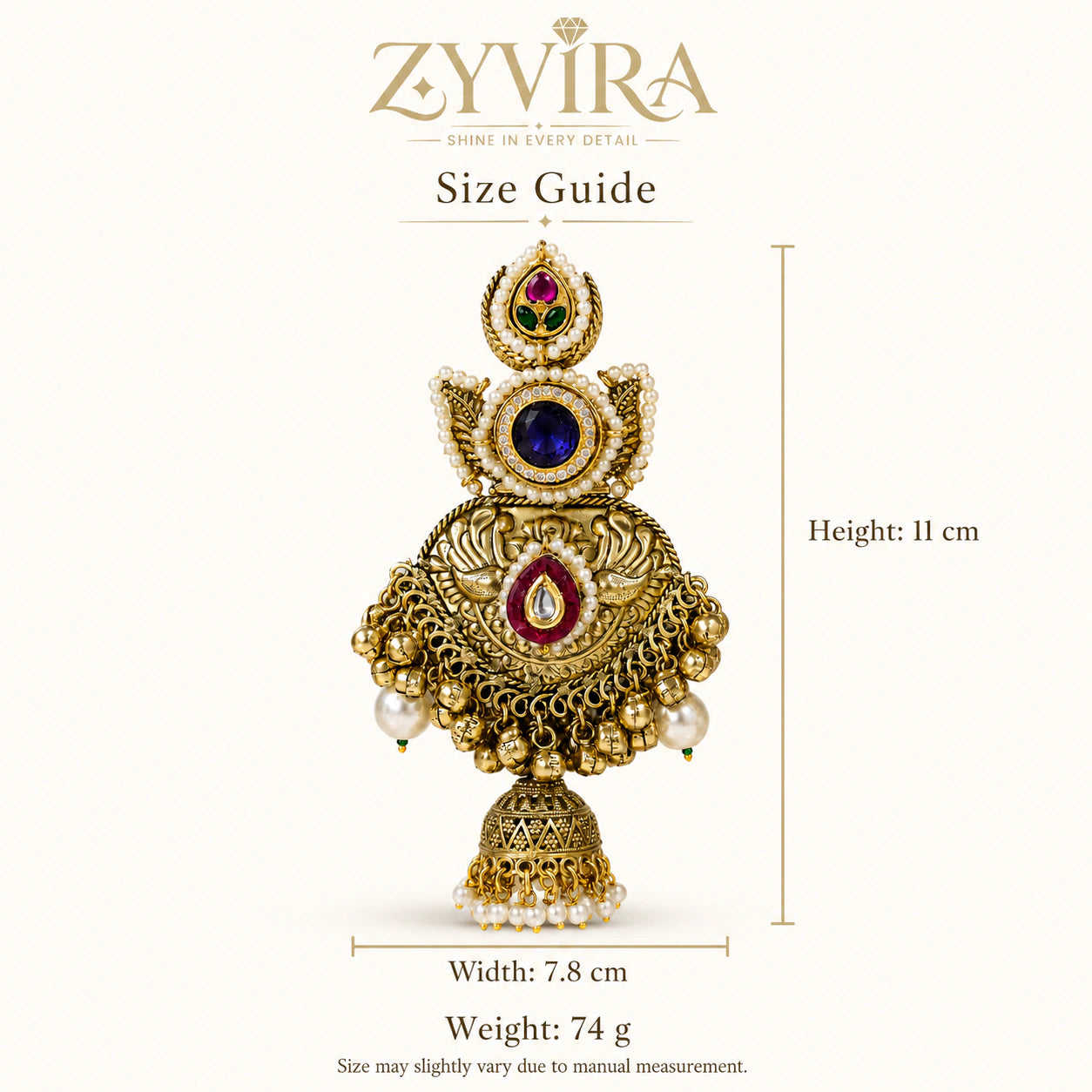 Gold-tone Kundan-style pearl statement jhumka earrings worn by a model