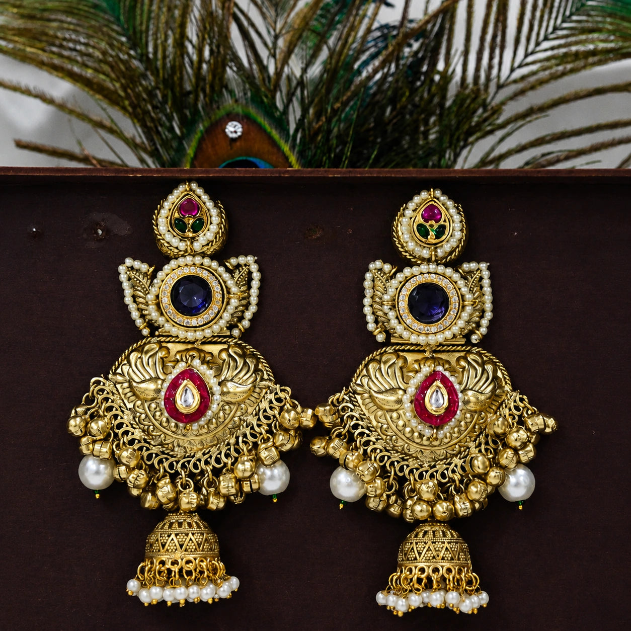 Kashmiri gold-tone pearl Kundan Meenakari statement jhumka earrings
