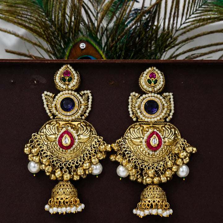 Kashmiri gold-tone pearl Kundan Meenakari statement jhumka earrings