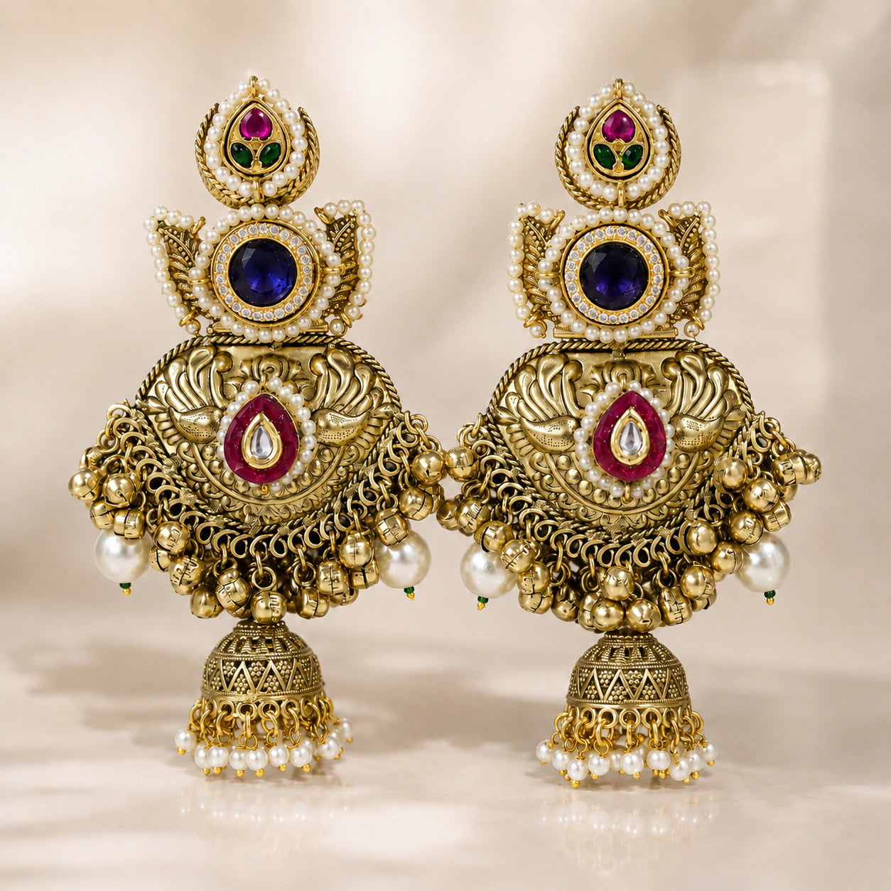 Product details card for Kundan-style Meenakari jhumka earrings with pearl-style beads