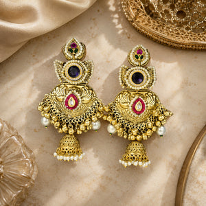 Size guide showing the statement proportions of Kundan-style pearl jhumka earrings