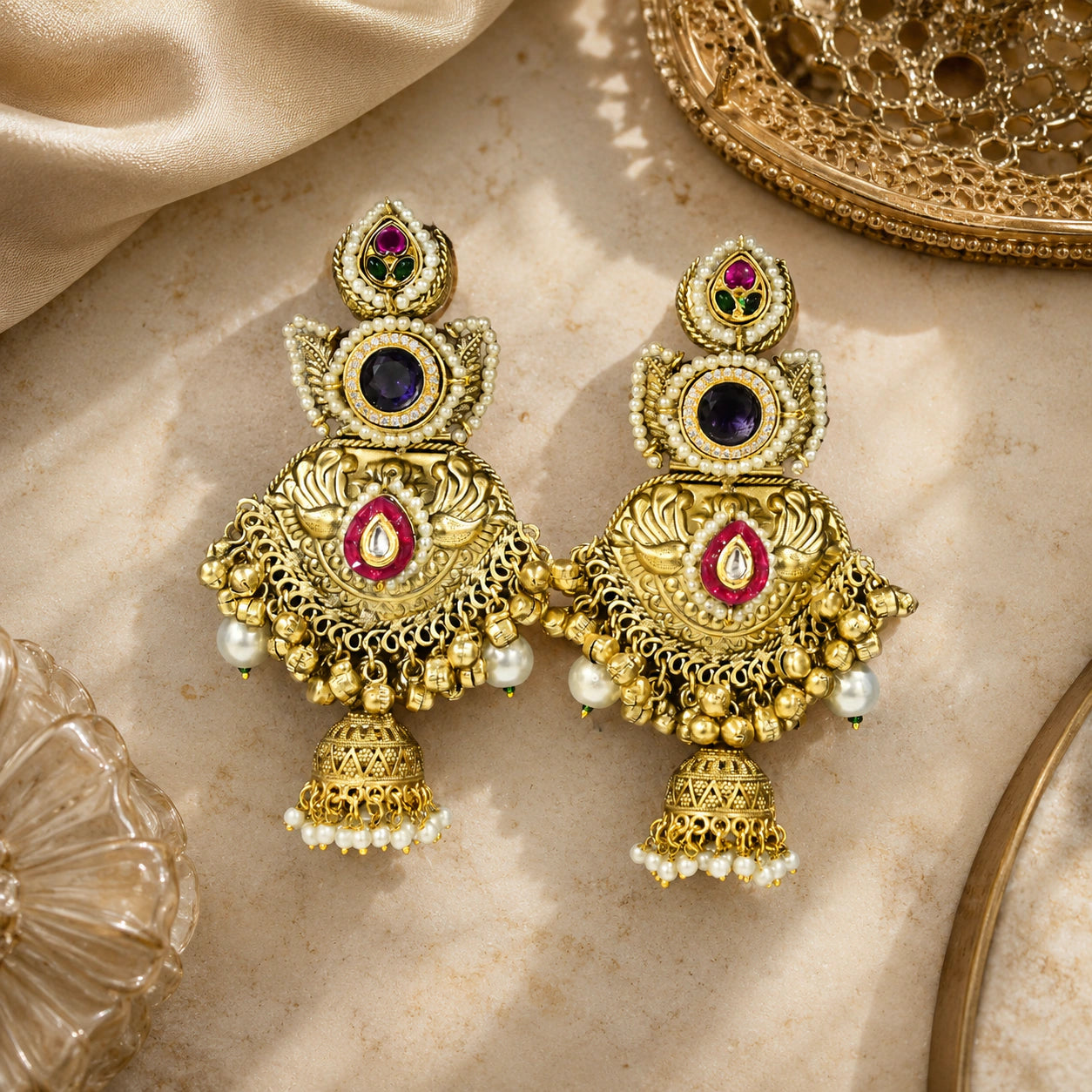 Size guide showing the statement proportions of Kundan-style pearl jhumka earrings