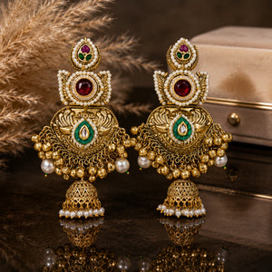 Alternate detail view of pearl Kundan-style statement jhumka earrings