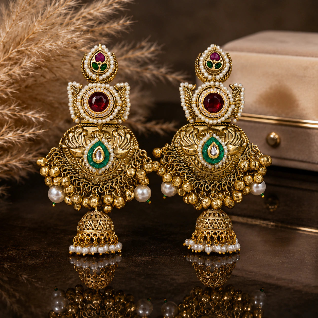 Alternate detail view of pearl Kundan-style statement jhumka earrings