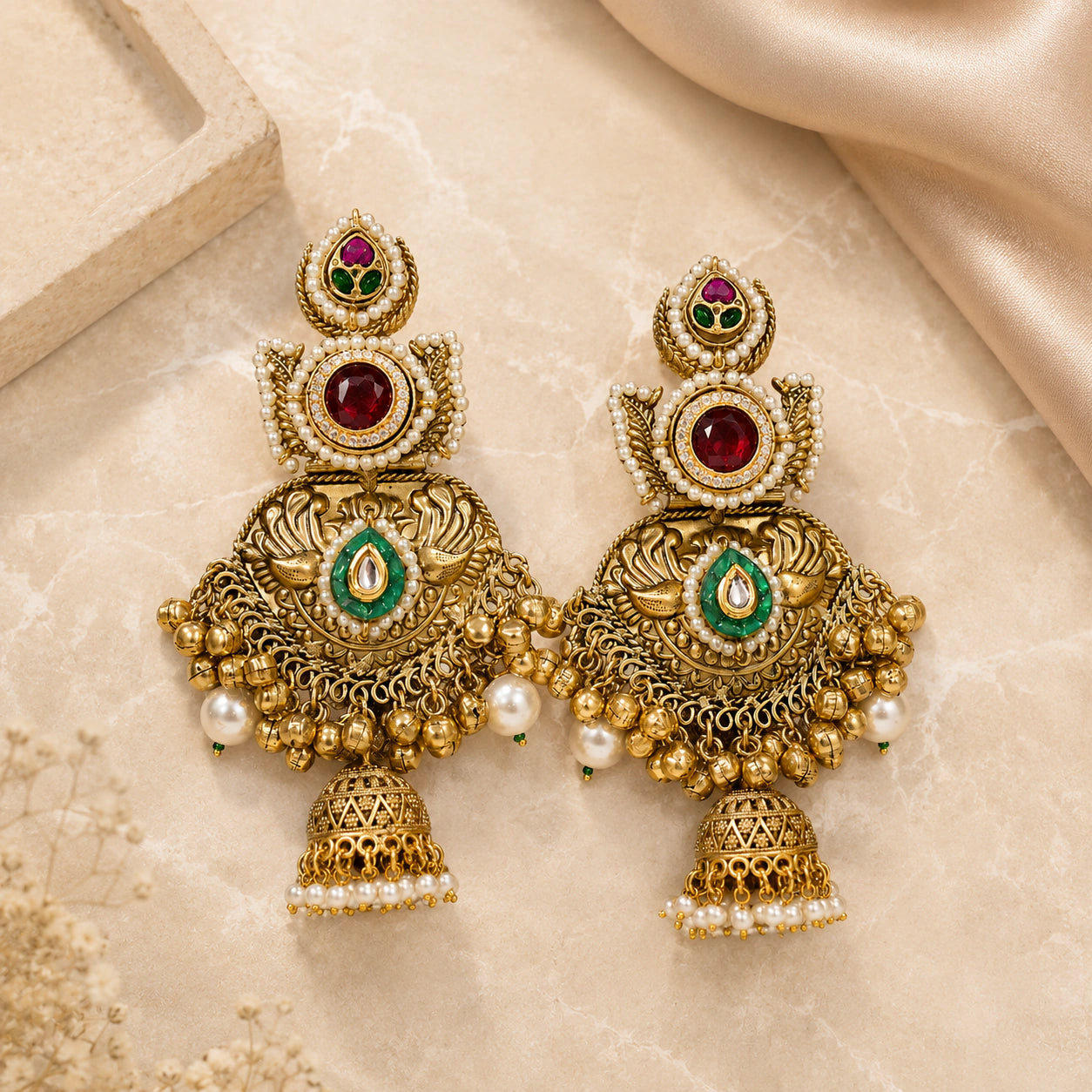 Angled view of gold-tone pearl Kundan-style statement jhumka earrings