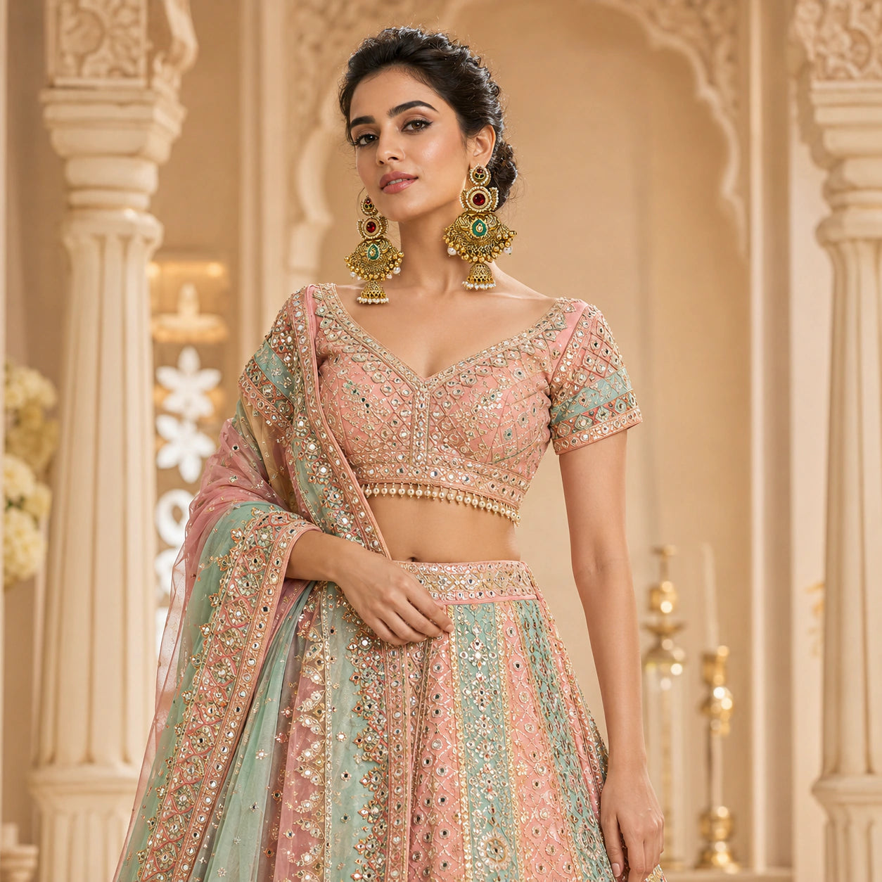 Pearl Kundan-style statement jhumka earrings on a dark jewellery studio display