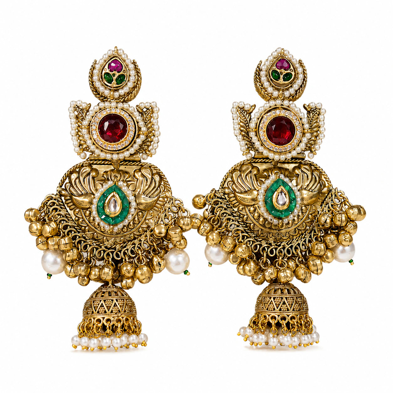 Close-up of Kundan-style settings, pearl borders and jhumka detailing