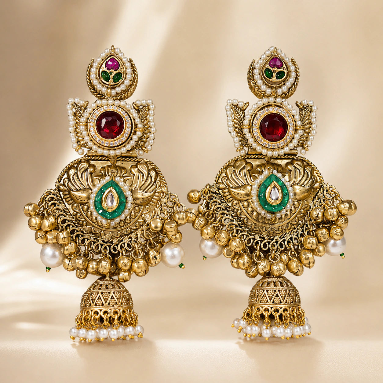 Kashmiri gold-tone pearl Kundan-style statement jhumka earrings