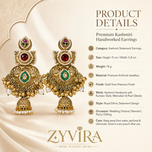 Product details card for gold-tone pearl Kundan-style statement jhumka earrings