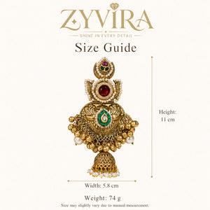 Size guide showing the proportions of pearl Kundan-style statement jhumka earrings