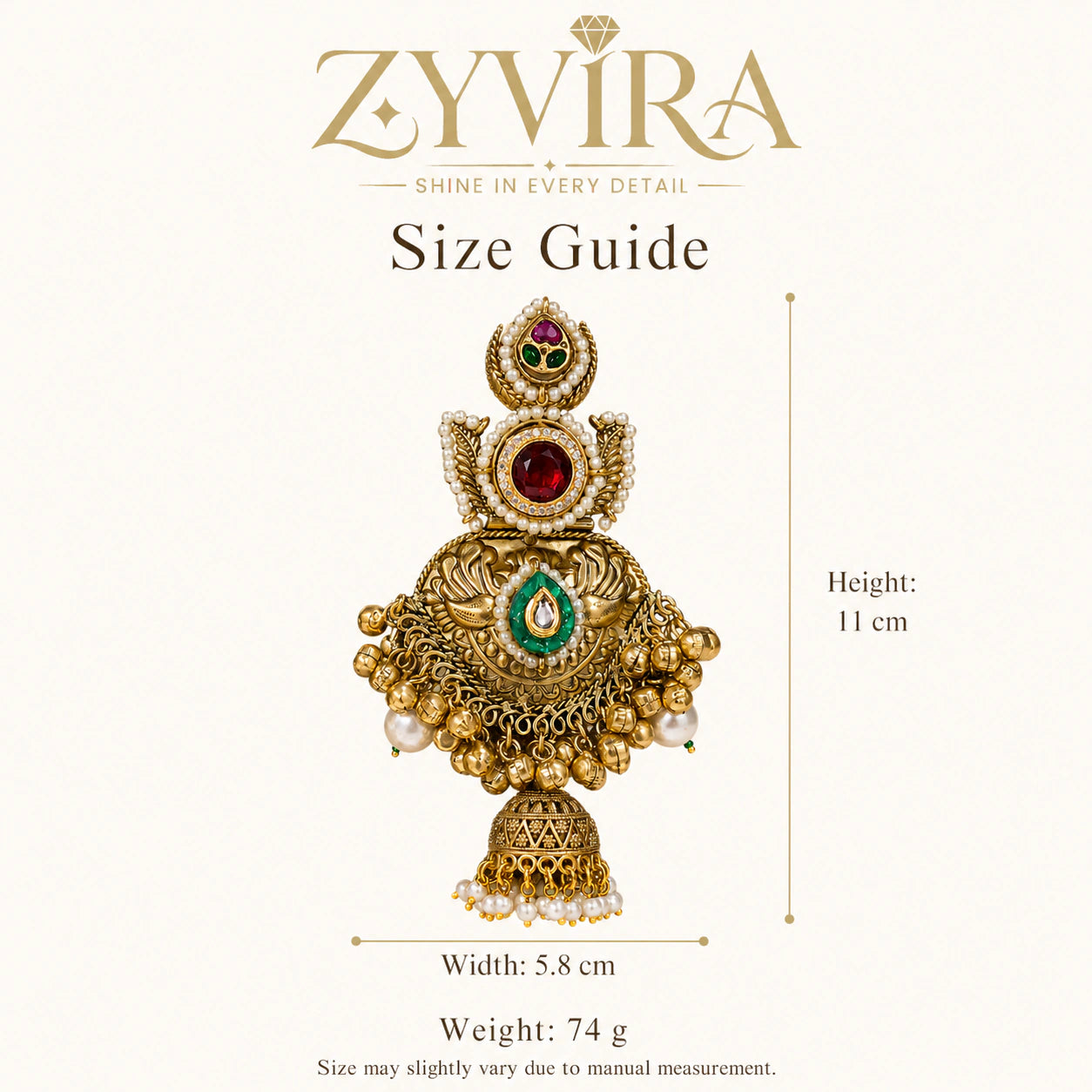 Size guide showing the proportions of pearl Kundan-style statement jhumka earrings