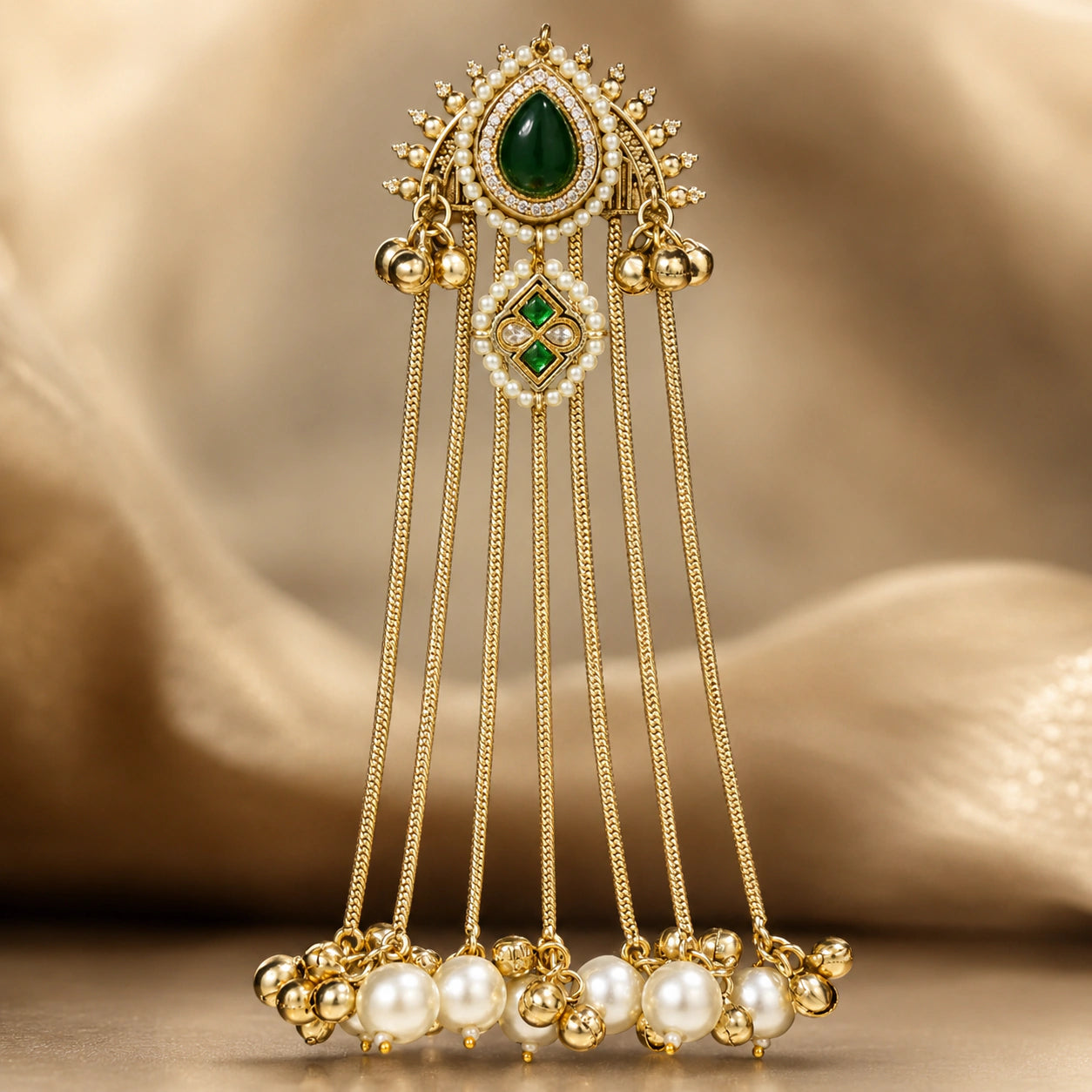 Alternate product view of gold-tone statement earrings with green accents and pearl tassels