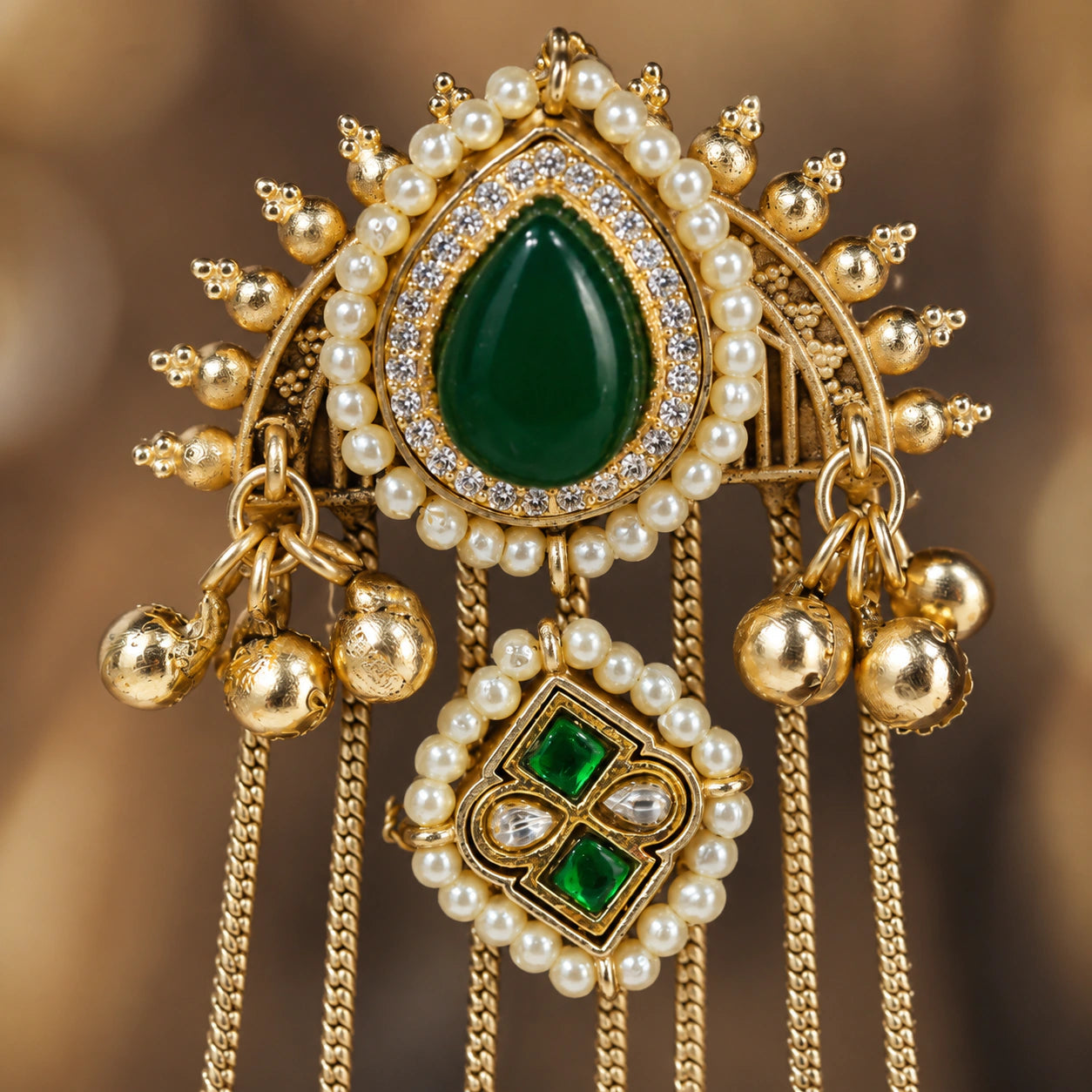 Angled view of gold-tone statement earrings with layered pearl-style tassels