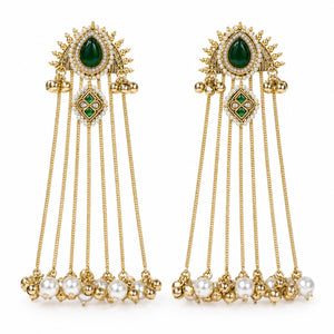 Close-up ear view showing the length and layered pearl-style tassels