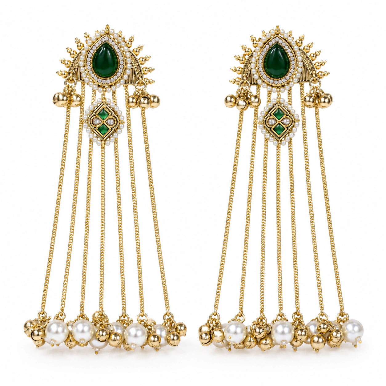 Close-up ear view showing the length and layered pearl-style tassels