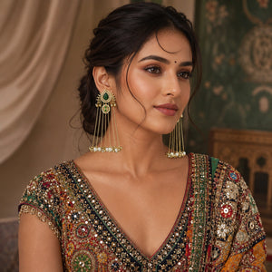 Long gold-tone pearl tassel statement earrings worn by a model