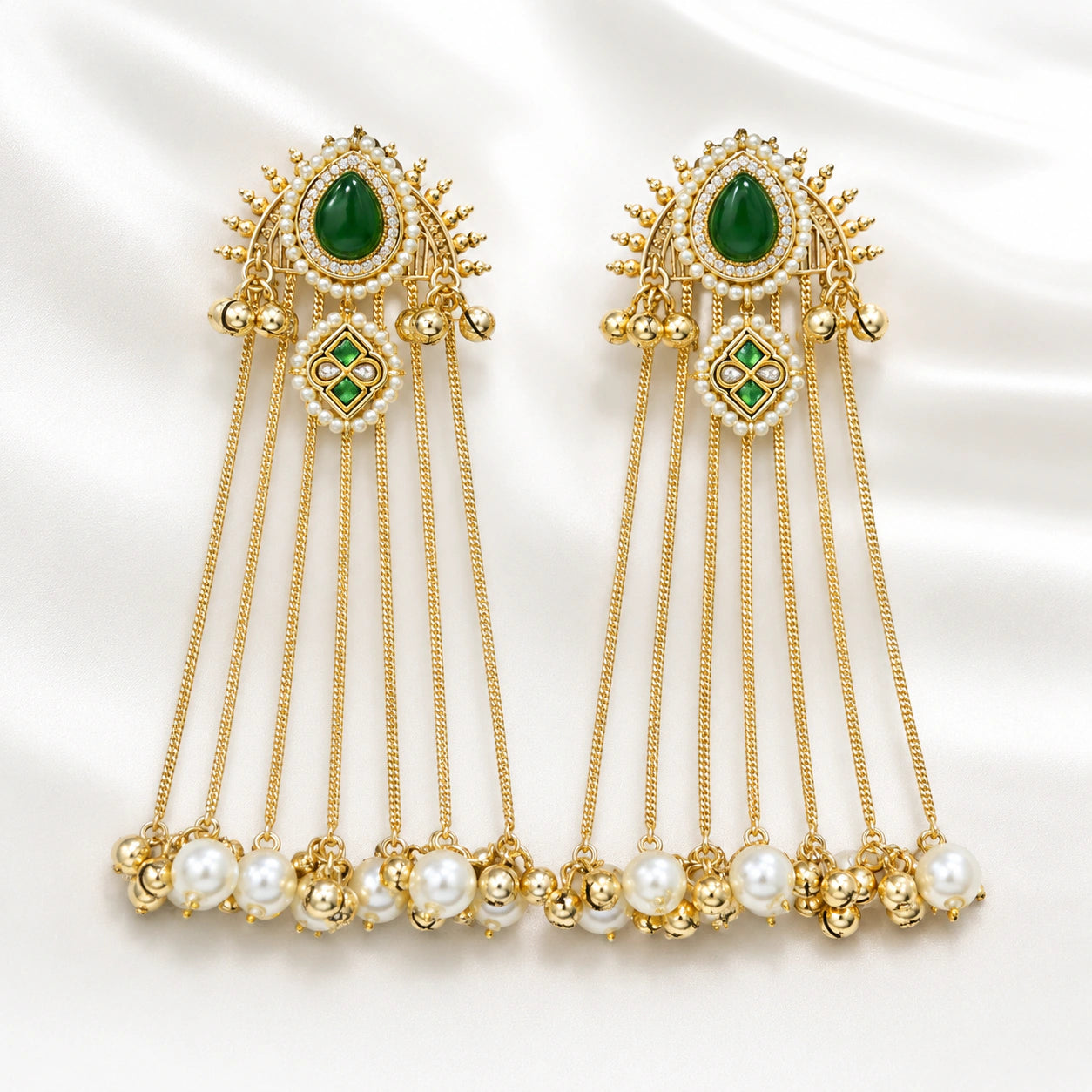 Kashmiri gold-tone pearl tassel statement earrings