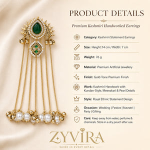Product details card for gold-tone statement earrings with pearl-style tassels