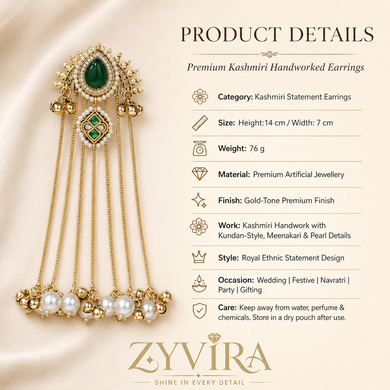Product details card for gold-tone statement earrings with pearl-style tassels