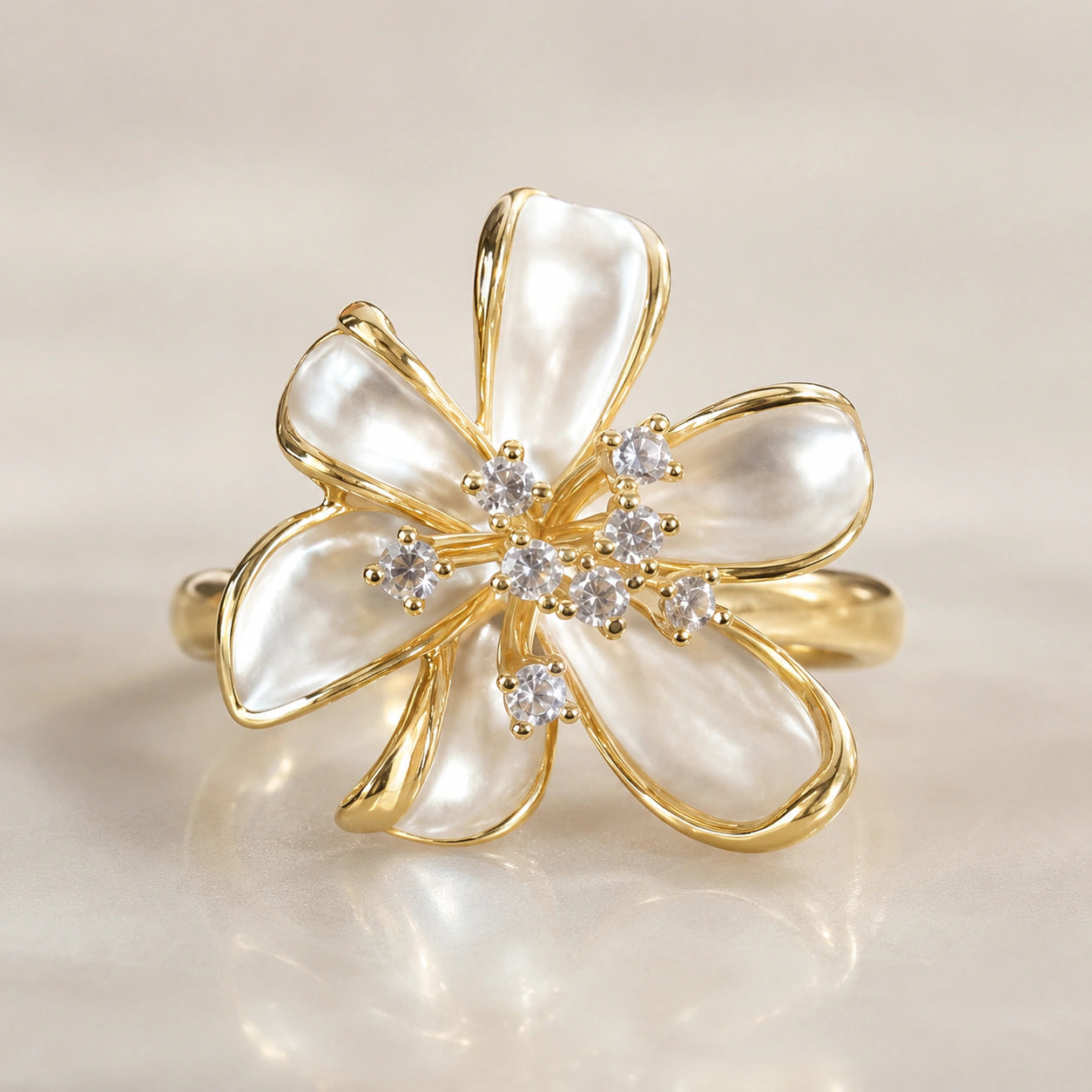 Alternate product view of the pearl-white crystal floral ring