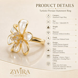 Pearl-white crystal floral ring styled in an elegant jewellery flat lay