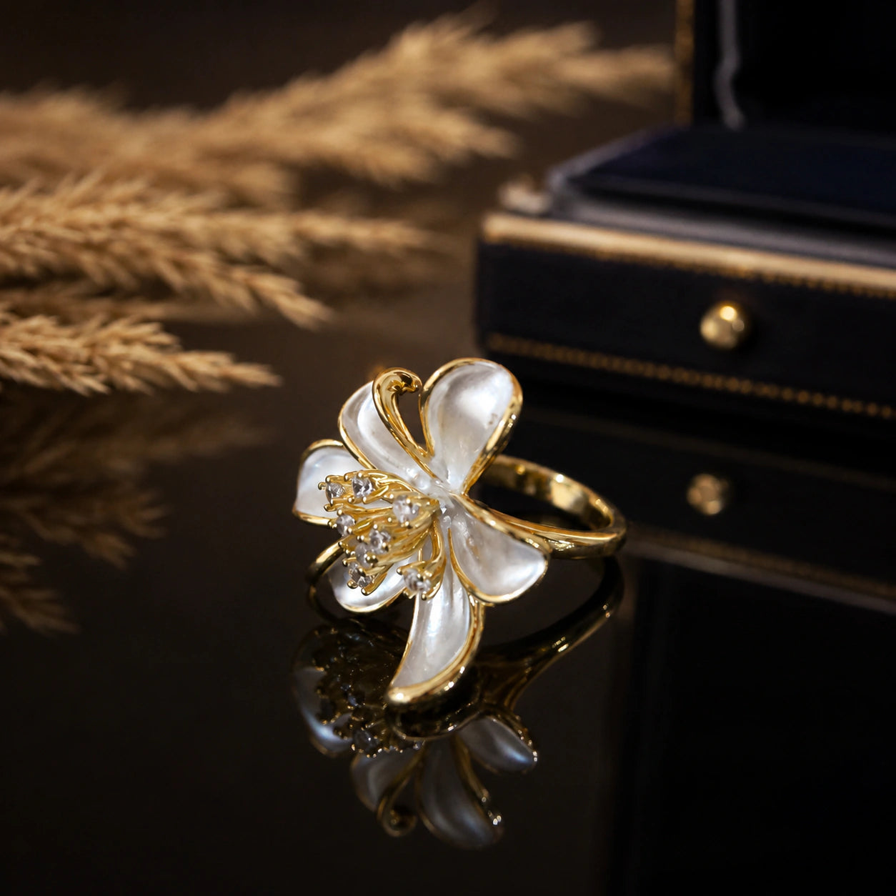 Close-up of pearl-white petals and crystal floral detailing