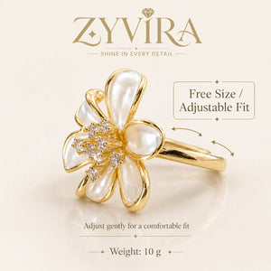 Open adjustable view of the pearl-white floral ring