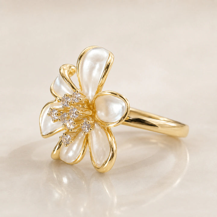 Pearl-white crystal floral statement ring